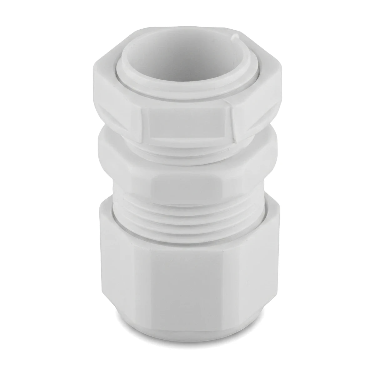 White No. 1 threaded PVC gland from a 10 per pack gland kit, shown vertically. It features a hexagonal base and top nut for