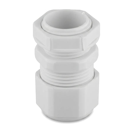 White No. 1 threaded PVC gland from a 10 per pack gland kit, shown vertically. It features a hexagonal base and top nut for