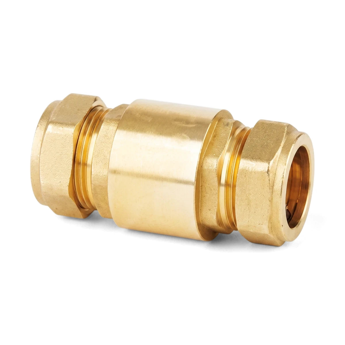Brass non-return valve with 22mm compression fittings, a plumbing component for preventing backflow in pipes, shown on a