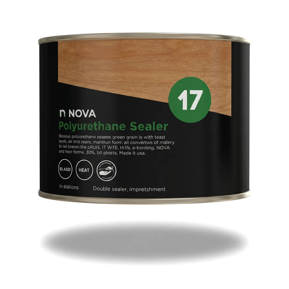 Nova 17 Polyurethane Wood Sealer in a black 1-litre can with a brown woodgrain label and green '17' branding, matt finish.