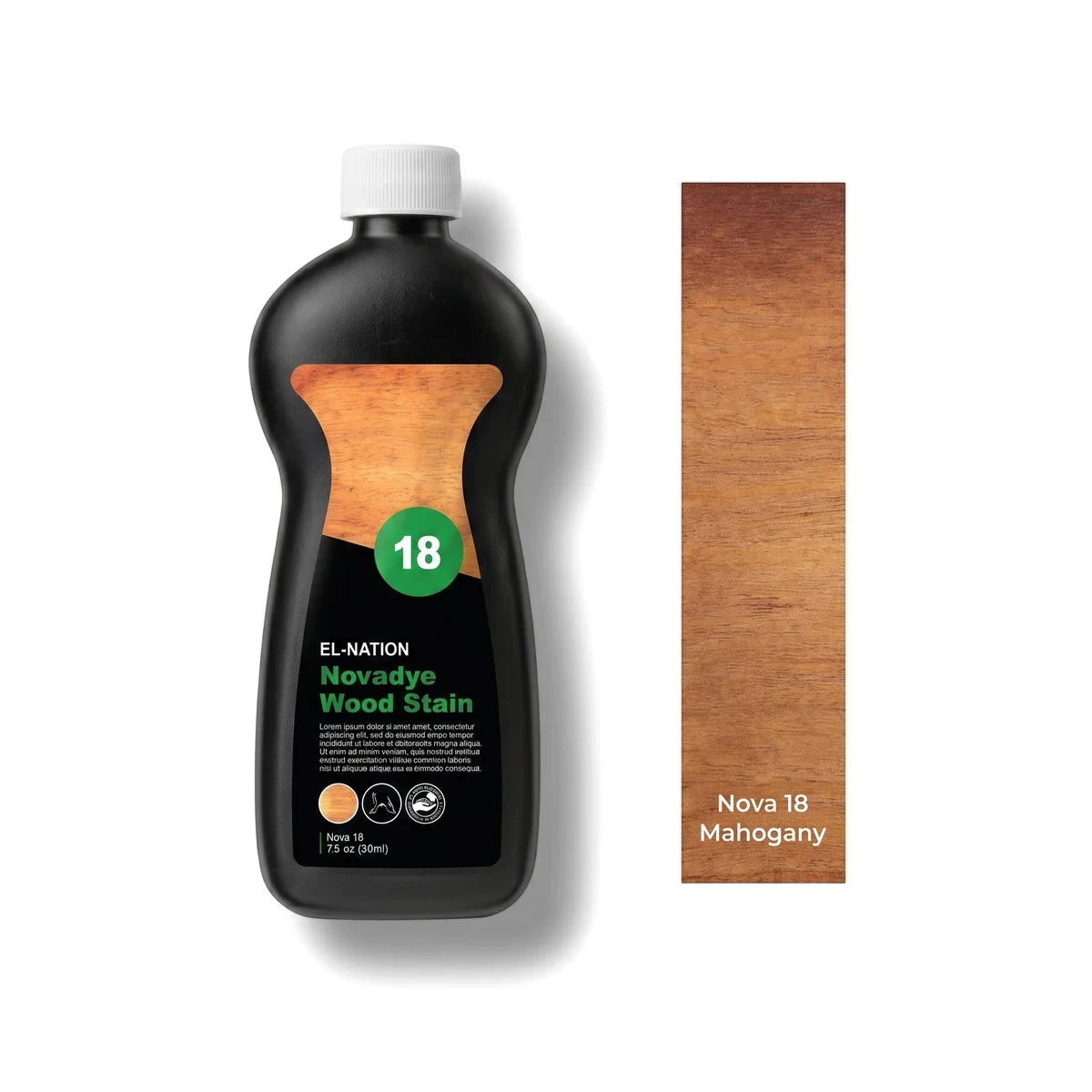 Nova 18 Novadye Wood Stain in Mahogany, 500ml bottle, displayed next to a rectangular wood swatch showing the rich, deep