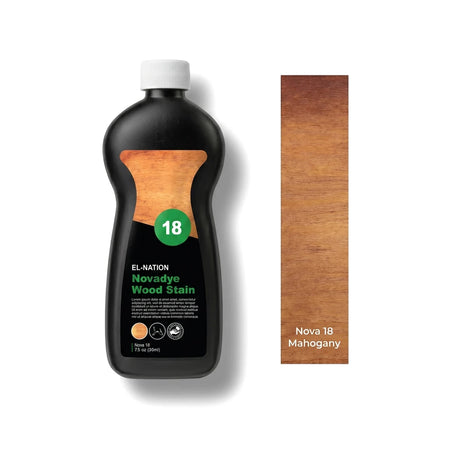 Nova 18 Novadye Wood Stain in Mahogany, 500ml bottle, displayed next to a rectangular wood swatch showing the rich, deep