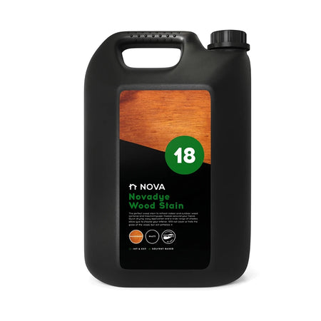 Black Nova 18 Novadye Wood Stain in a 500ml container with a meranti wood grain label for indoor and outdoor use.