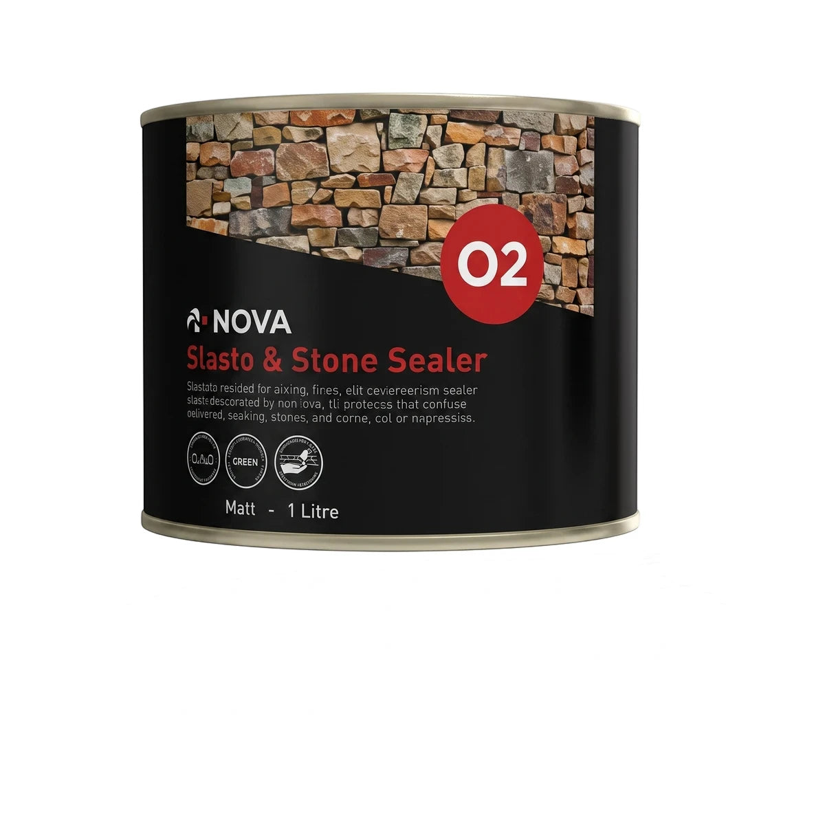 Nova 2 Slasto & Stone Sealer in a black cylindrical 1-liter container with a brown and red label for matt stone surfaces.