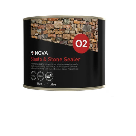 Nova 2 Slasto & Stone Sealer in a black cylindrical 1-liter container with a brown and red label for matt stone surfaces.