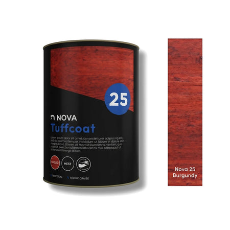 Nova 25 Tuffcoat Floor Coating in a black and red can with a rectangular burgundy color swatch for 5 litres.