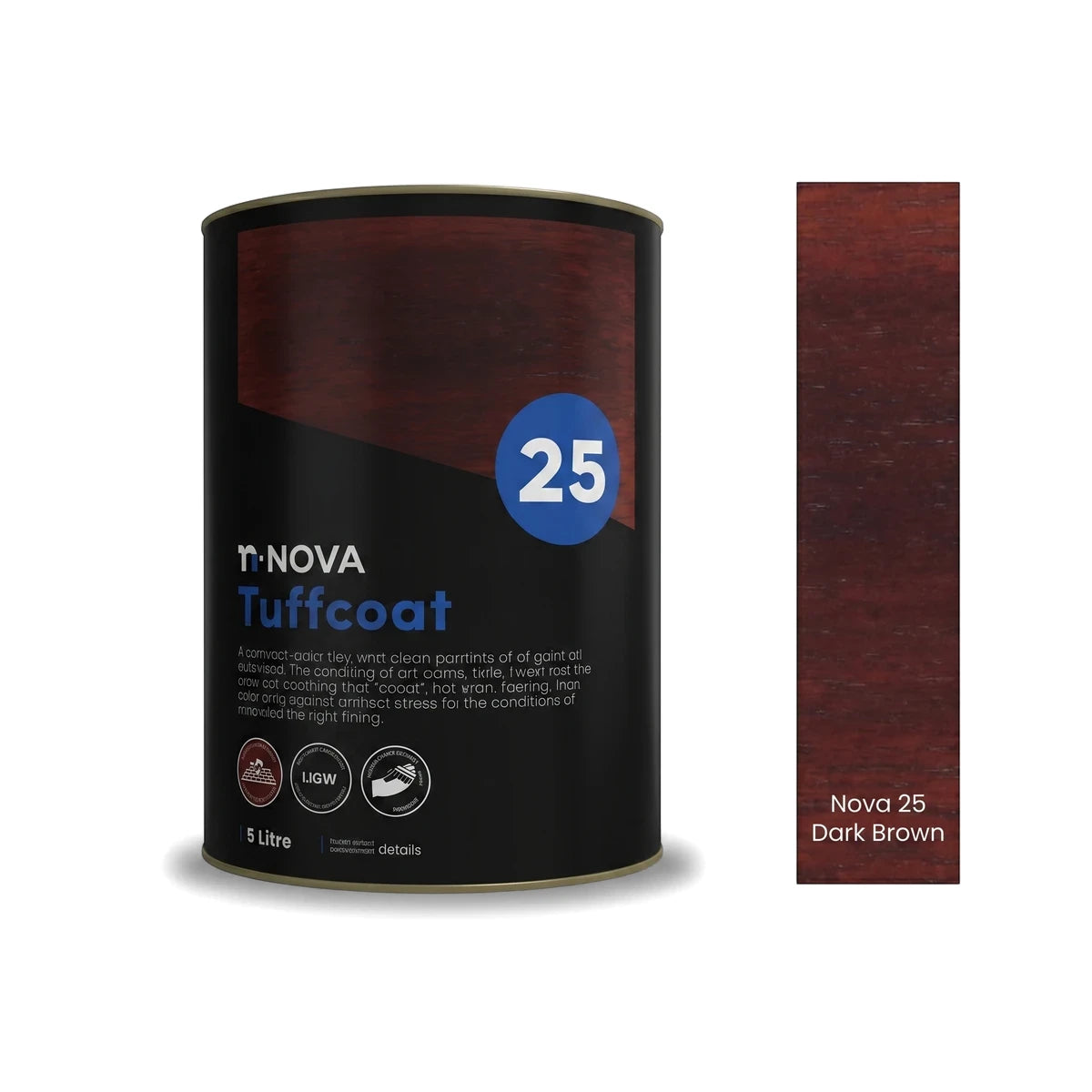 Nova 25 Tuffcoat Floor Coating in a 5 litre can with a dark brown color swatch, studio shot.