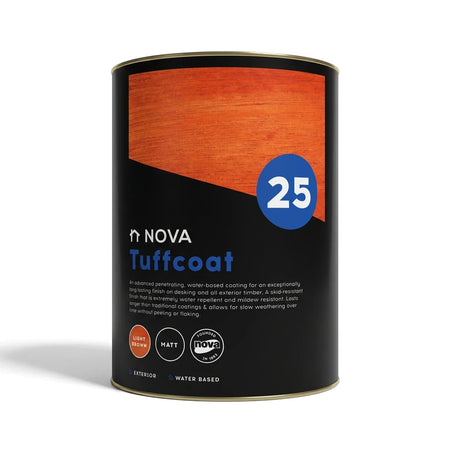 Nova 25 Tuffcoat Floor Coating in light brown, a 5-liter can of water-based exterior timber finish.