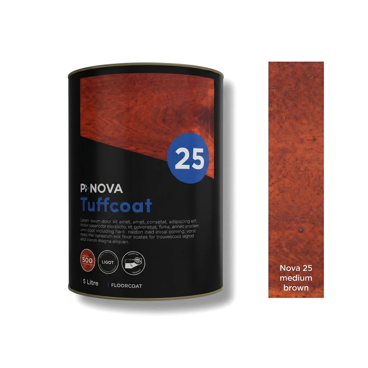 Black 5 Litre Nova 25 Tuffcoat Floor Coating can with blue number 25 logo, alongside a medium brown color swatch.