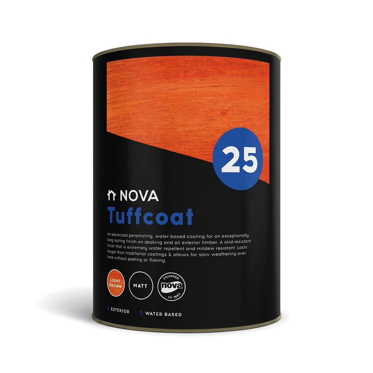 Nova 25 Tuffcoat Floor Coating in pine color, 5 litre can with a black body and light brown top, shown vertically.