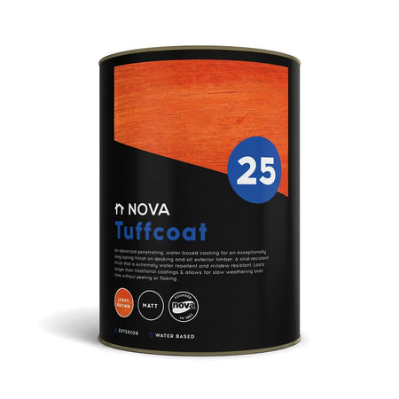 Nova 25 Tuffcoat Floor Coating in pine color, 5 litre can with a black body and light brown top, shown vertically.