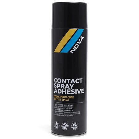 Nova 500ml All Purpose Contact Adhesive Spray can, black with blue and gold branding, photographed upright.