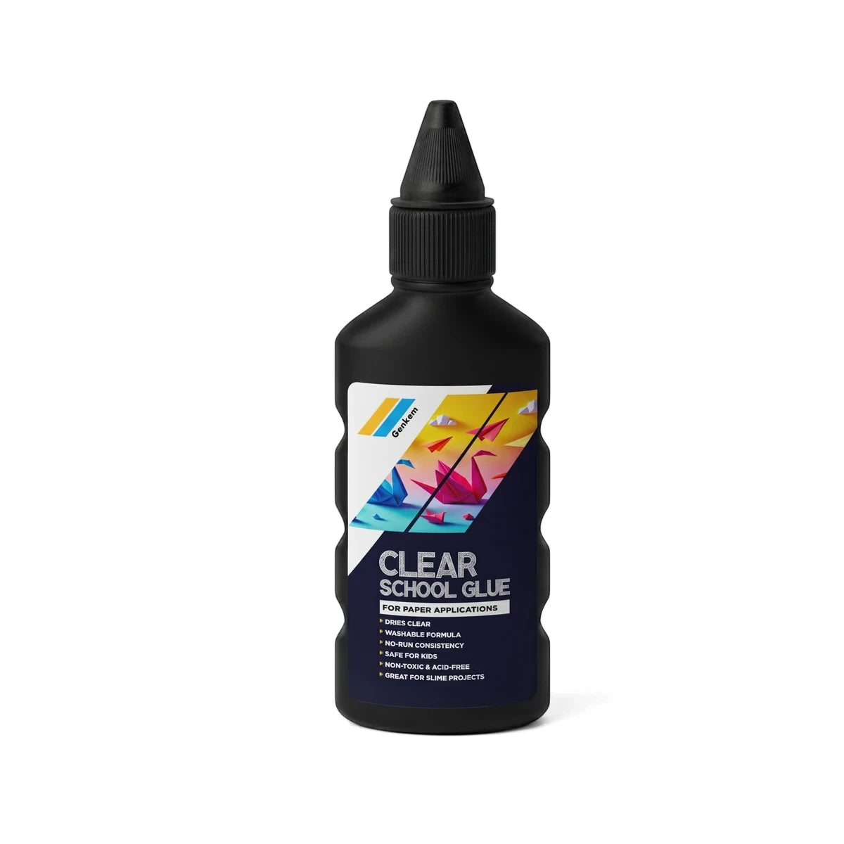 Black 125ml Nova Clear School Glue bottle with a colorful origami-style label, designed for paper and slime projects.