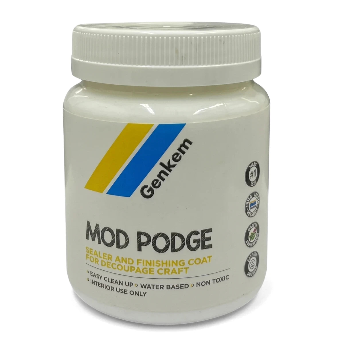 Nova Mod Podge Decoupage Glue & Sealer 250ml jar in white with blue and yellow branding on a white background.