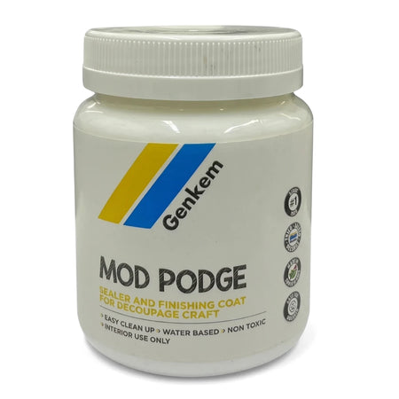 Nova Mod Podge Decoupage Glue & Sealer 250ml jar in white with blue and yellow branding on a white background.