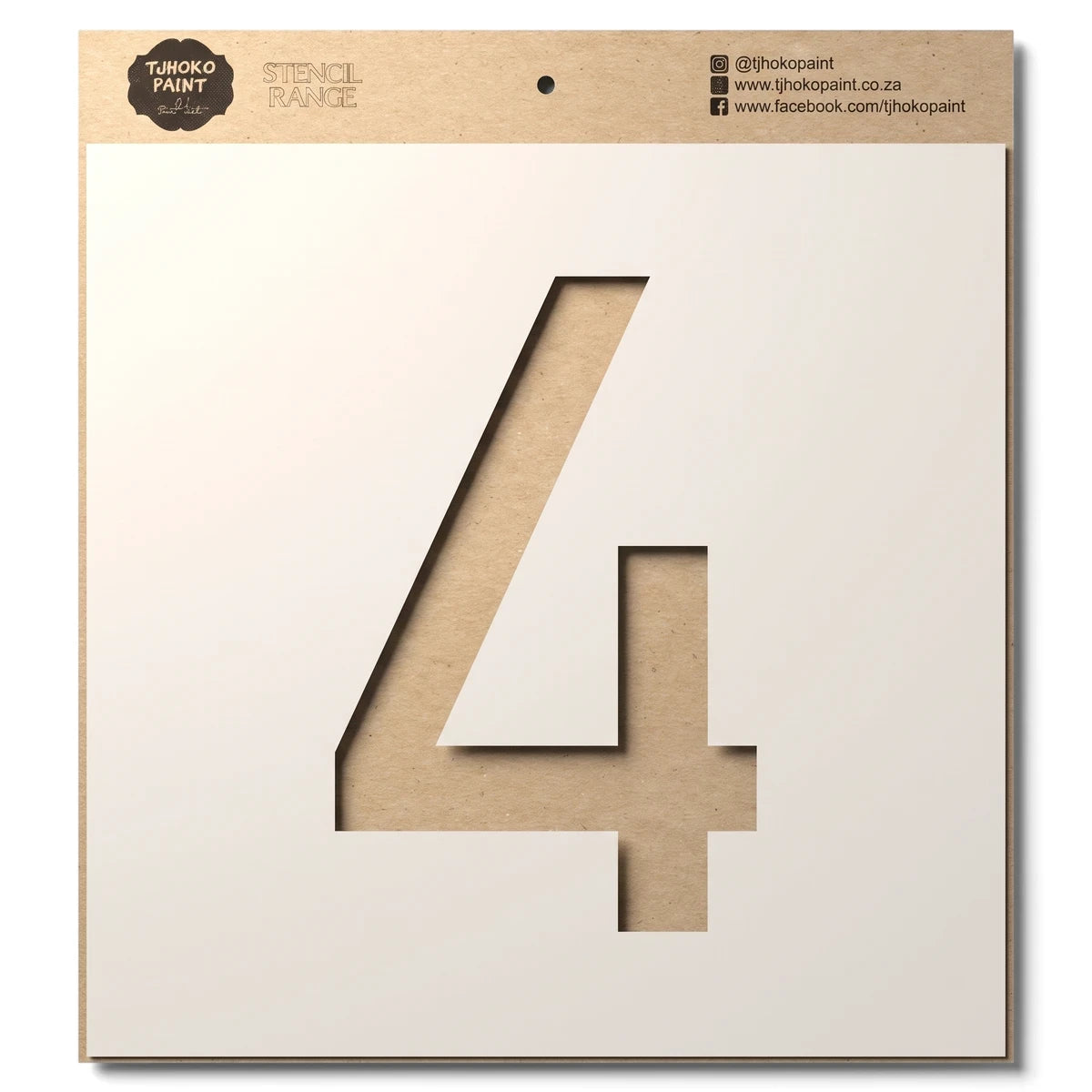 Brown craft paper stencil with a large cutout number 4, featuring TJHOKO PAINT branding and social media information at the