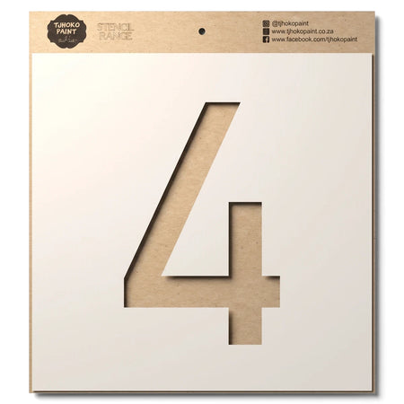 Brown craft paper stencil with a large cutout number 4, featuring TJHOKO PAINT branding and social media information at the
