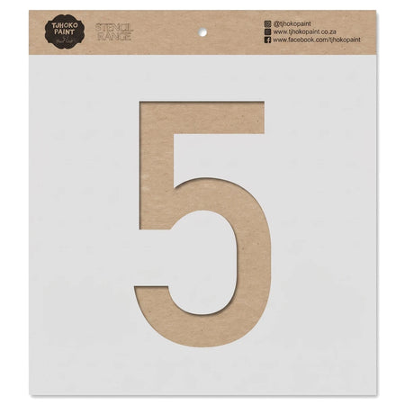 Kraft paper stencil featuring the number 5 for painting projects, with Tjohoko Paint branding at the top.