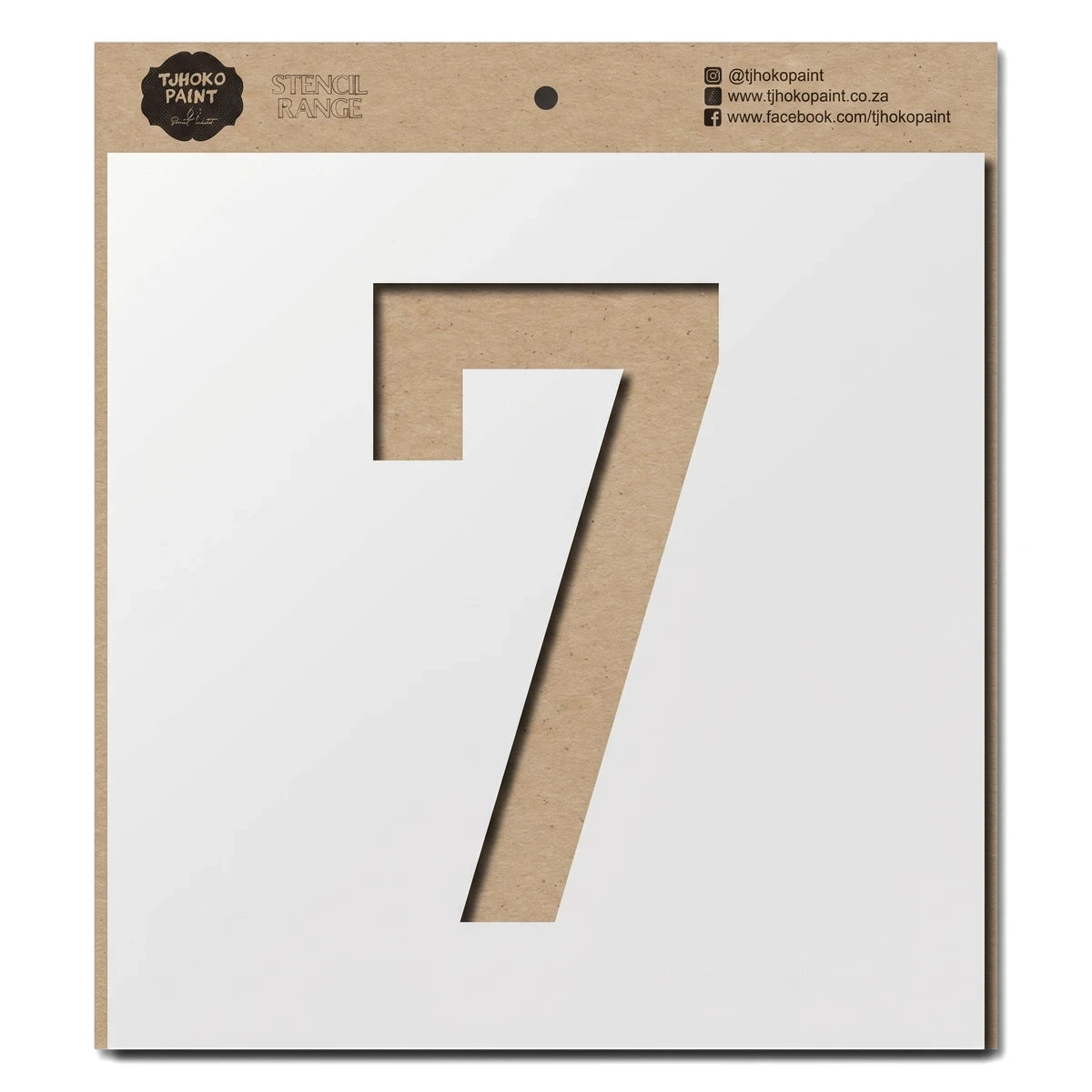 Craft paper paint stencil for the number 7, featuring 'TJOHOKO PAINT' brand details and social media information.