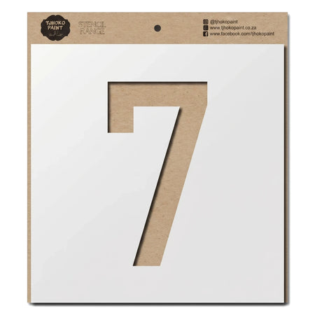 Craft paper paint stencil for the number 7, featuring 'TJOHOKO PAINT' brand details and social media information.