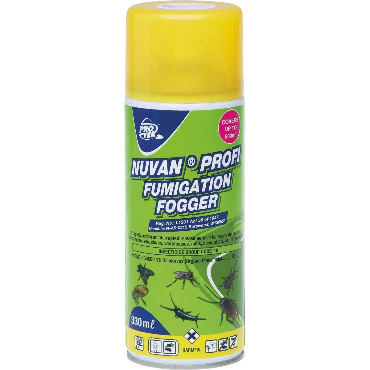 Nuvan Profi 330ml insecticide fumigation fogger, a yellow and green aerosol can with pest illustrations.