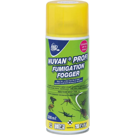 Nuvan Profi 330ml insecticide fumigation fogger, a yellow and green aerosol can with pest illustrations.