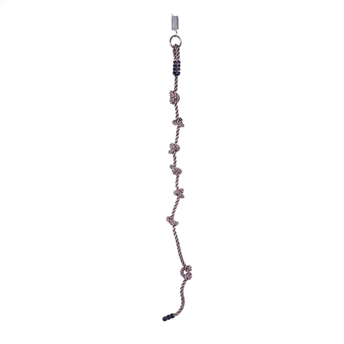 Nylon climbing rope for kids with multiple knots and a metal spring at the top, vertically displayed on a white background.