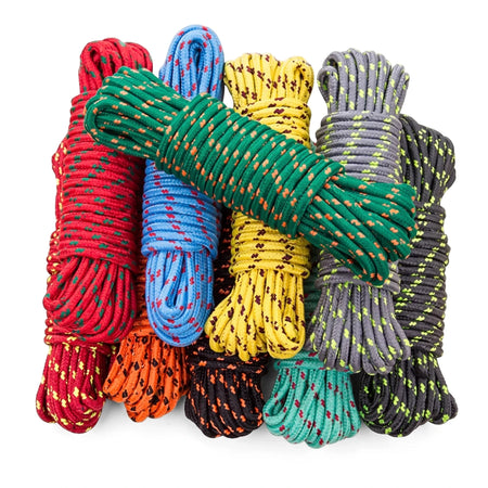 A pile of brightly colored nylon ropes, including red, blue, yellow, green, grey, black, orange, and teal, coiled neatly.