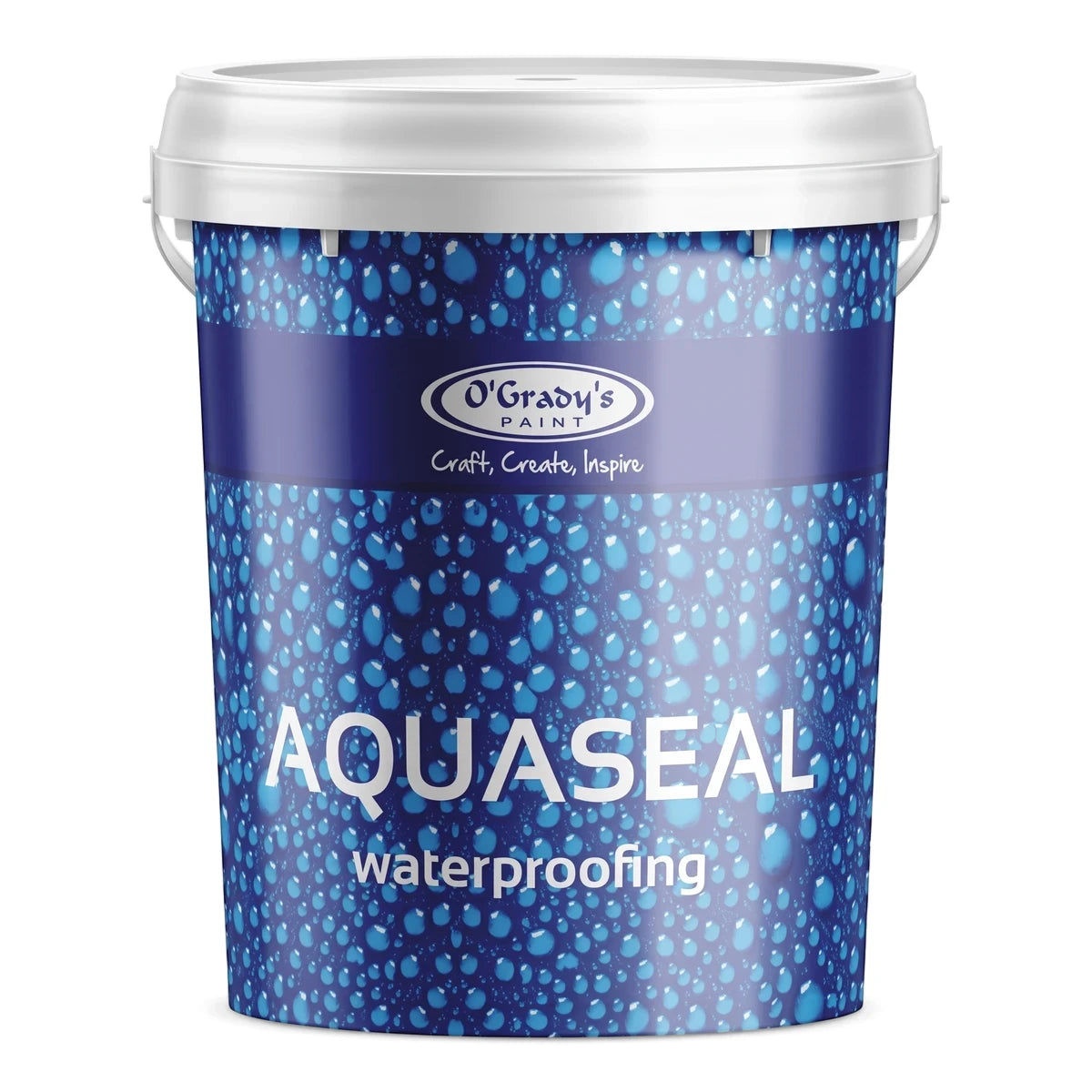 O' Grady's Aquaseal 50 5lt waterproofing paint bucket in blue with a white lid, displaying brand logo and water droplet