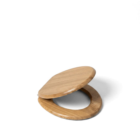 Oak finish wood toilet seat, featuring a natural grain and smooth polished surface. The seat is shown slightly open and