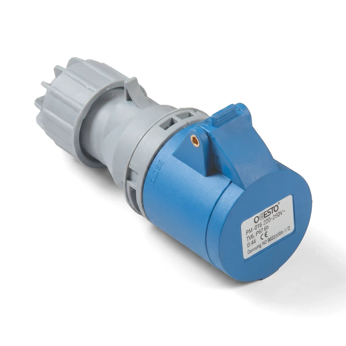 Blue and grey OESTO 16A 2P+E 230V IP67 industrial electrical coupler, angled view.