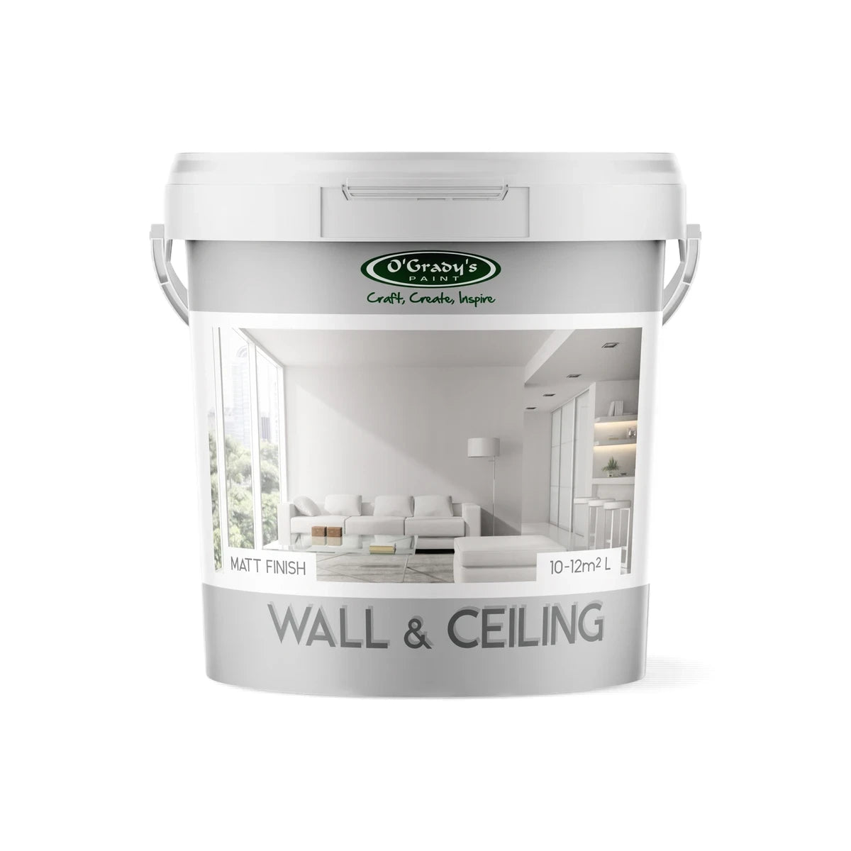 White O'Grady's Wall & Ceiling Paint bucket with a matt finish label, shown upright on a clean studio background.