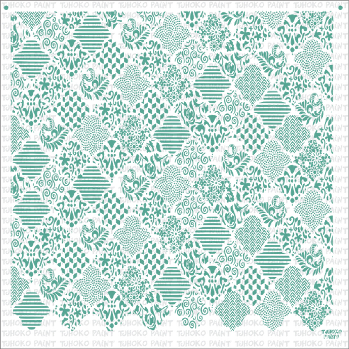 Olivia 60X60 Stencil for paint featuring a complex diagonal grid pattern with assorted geometric and floral motifs in teal