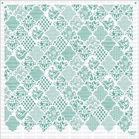 Olivia 60X60 Stencil for paint featuring a complex diagonal grid pattern with assorted geometric and floral motifs in teal