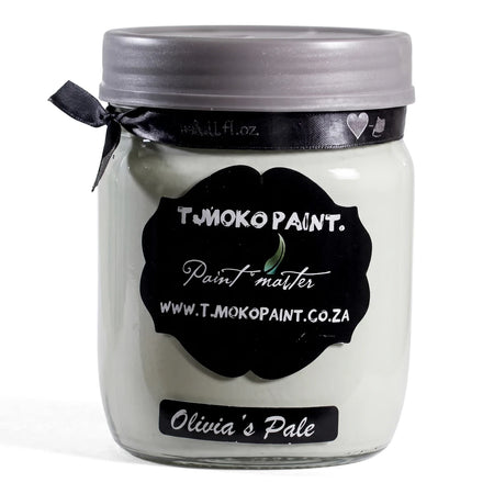 Olivia's Pale 500ml chalk paint jar by T-Moko with a grey lid and black label, standing upright.