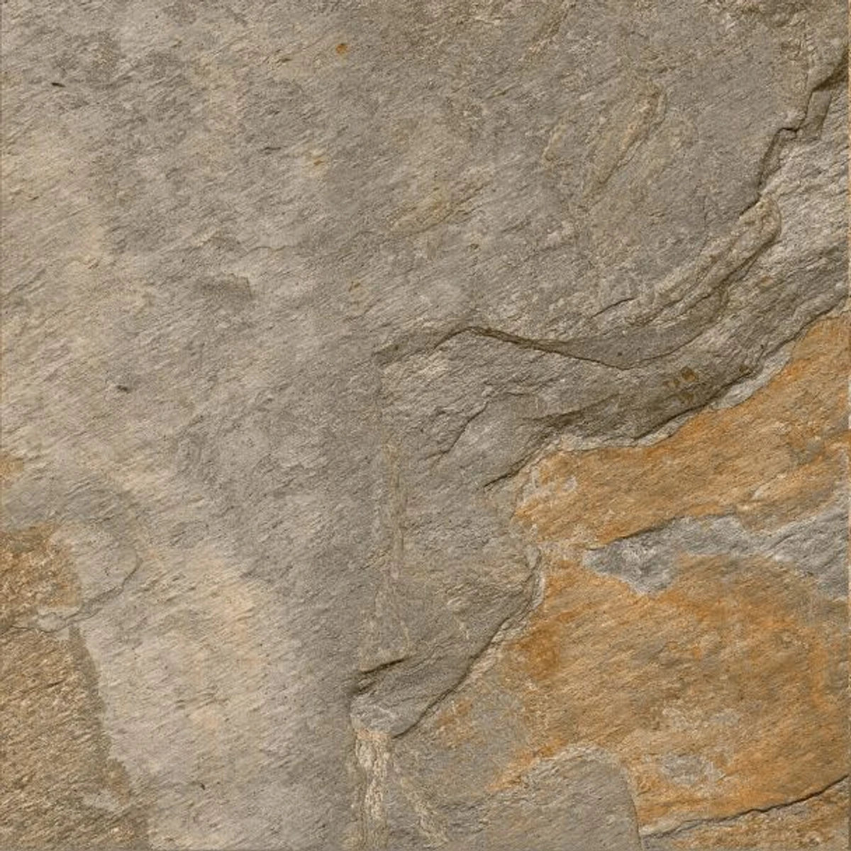 Close-up of a square Olympus Rust tile, featuring a rich, natural stone look with textured gray, brown, and rustic orange