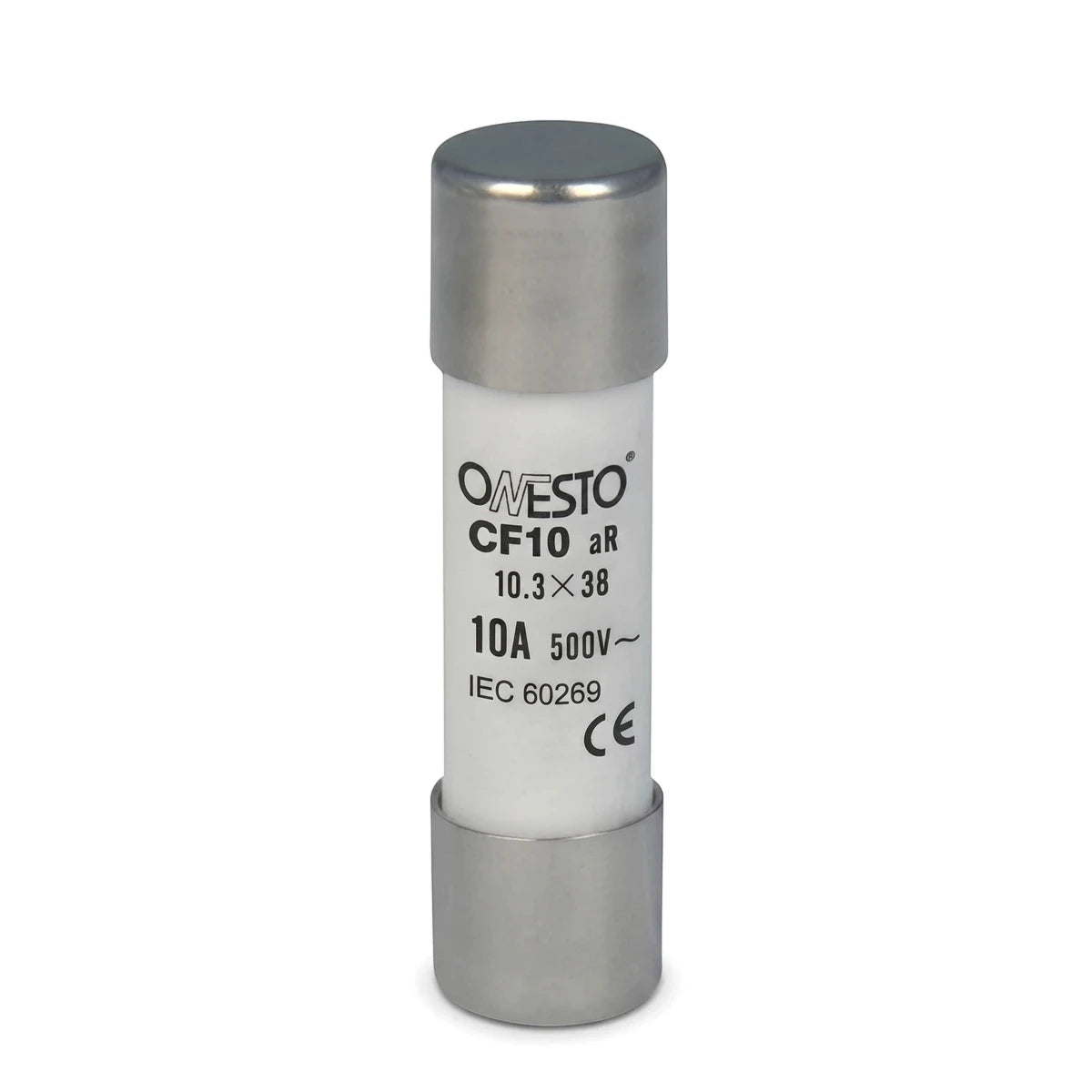 White ceramic cylindrical fuse with silver metal caps, displaying 'ONESTO 10A 500V~' text on its body, shown vertically.
