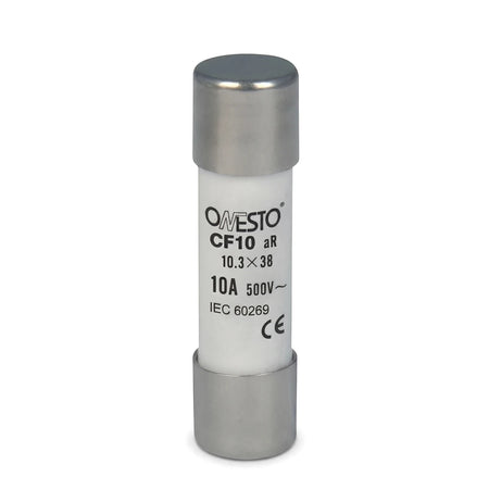 White ceramic cylindrical fuse with silver metal caps, displaying 'ONESTO 10A 500V~' text on its body, shown vertically.