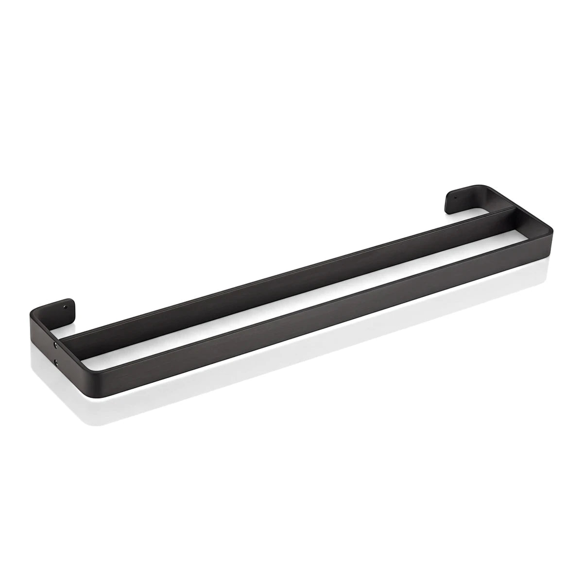 Black metal Onyx Double Towel Rail 600mm, featuring two parallel bars and curved mounting brackets, displayed on a white