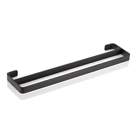 Black metal Onyx Double Towel Rail 600mm, featuring two parallel bars and curved mounting brackets, displayed on a white