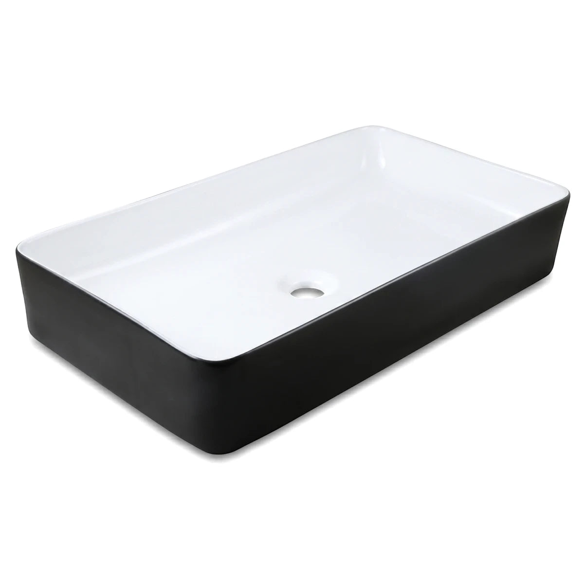 Black and white rectangular Onyx Freestanding Basin with zero tap hole, suitable for modern bathrooms.