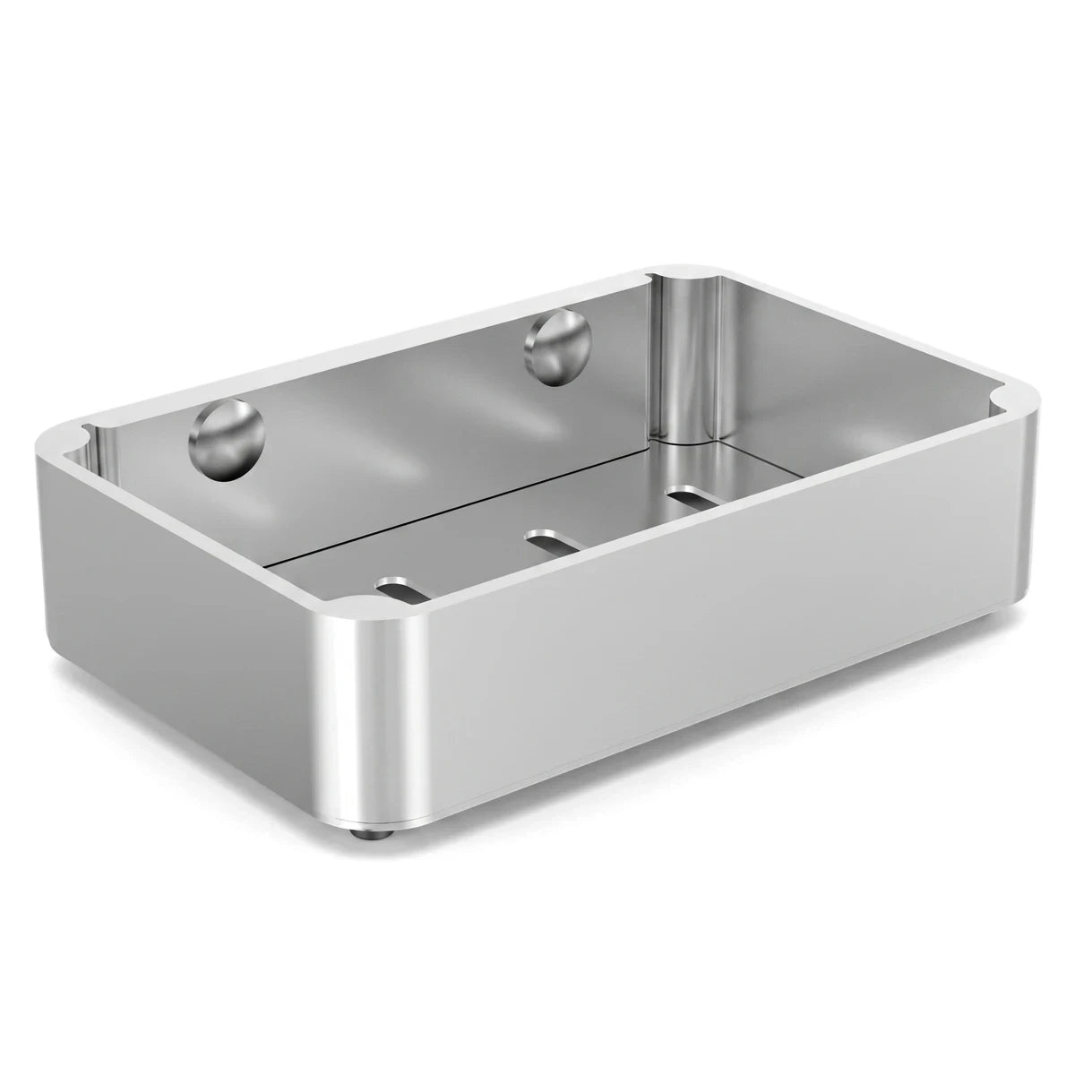 Onyx Silver Soap Basket, a rectangular metallic bathroom accessory with a slotted base for drainage.