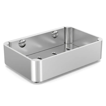 Onyx Silver Soap Basket, a rectangular metallic bathroom accessory with a slotted base for drainage.