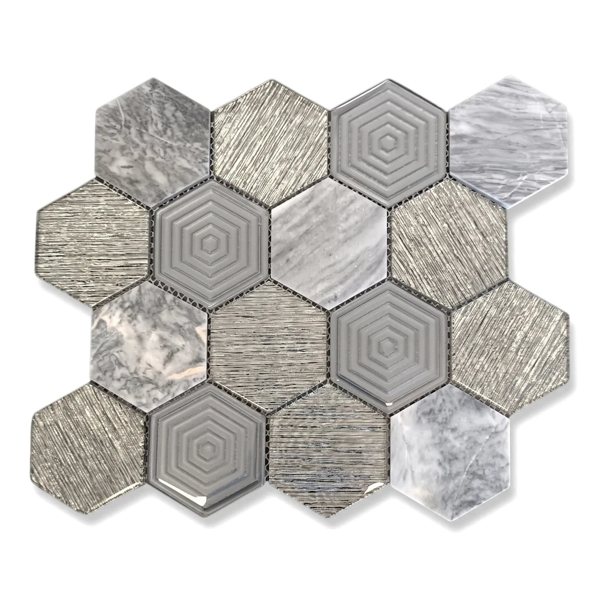 Opal Large Hexagon Mosaic Tile featuring a blend of gray marble, textured metallic, and geometric patterned tiles.