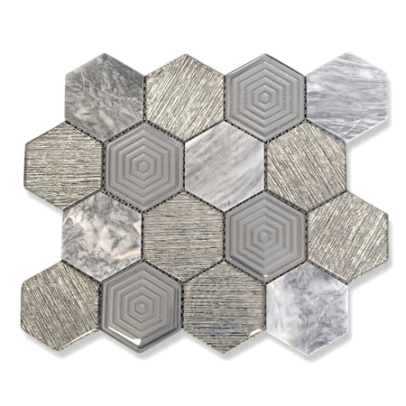 Opal Large Hexagon Mosaic Tile featuring a blend of gray marble, textured metallic, and geometric patterned tiles.