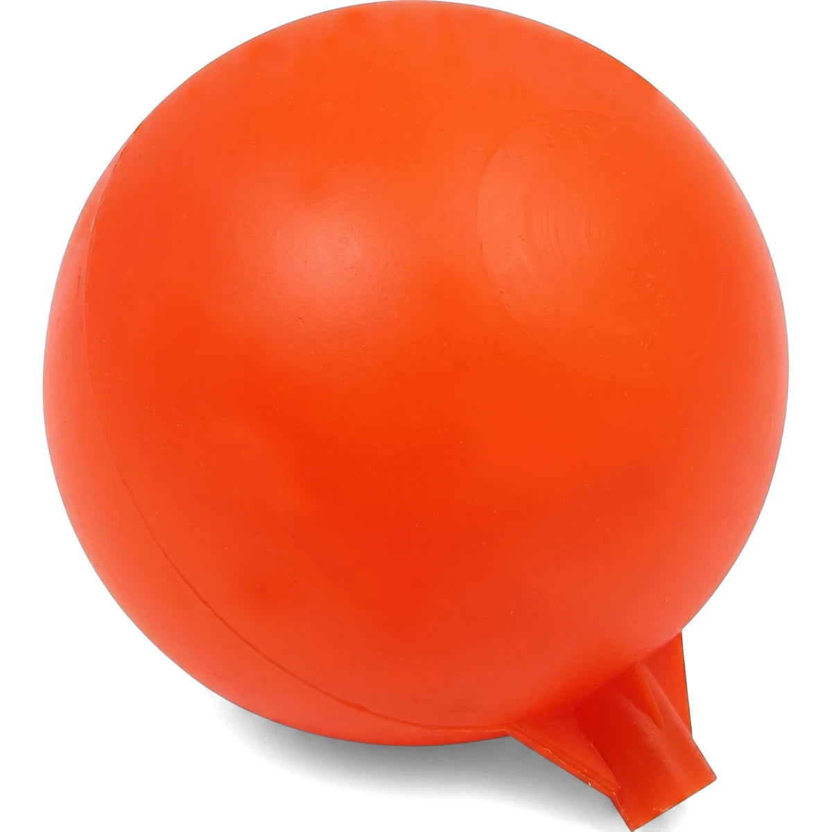 Orange 110mm poly ball float for liquid level control, shown from a slightly elevated angle.