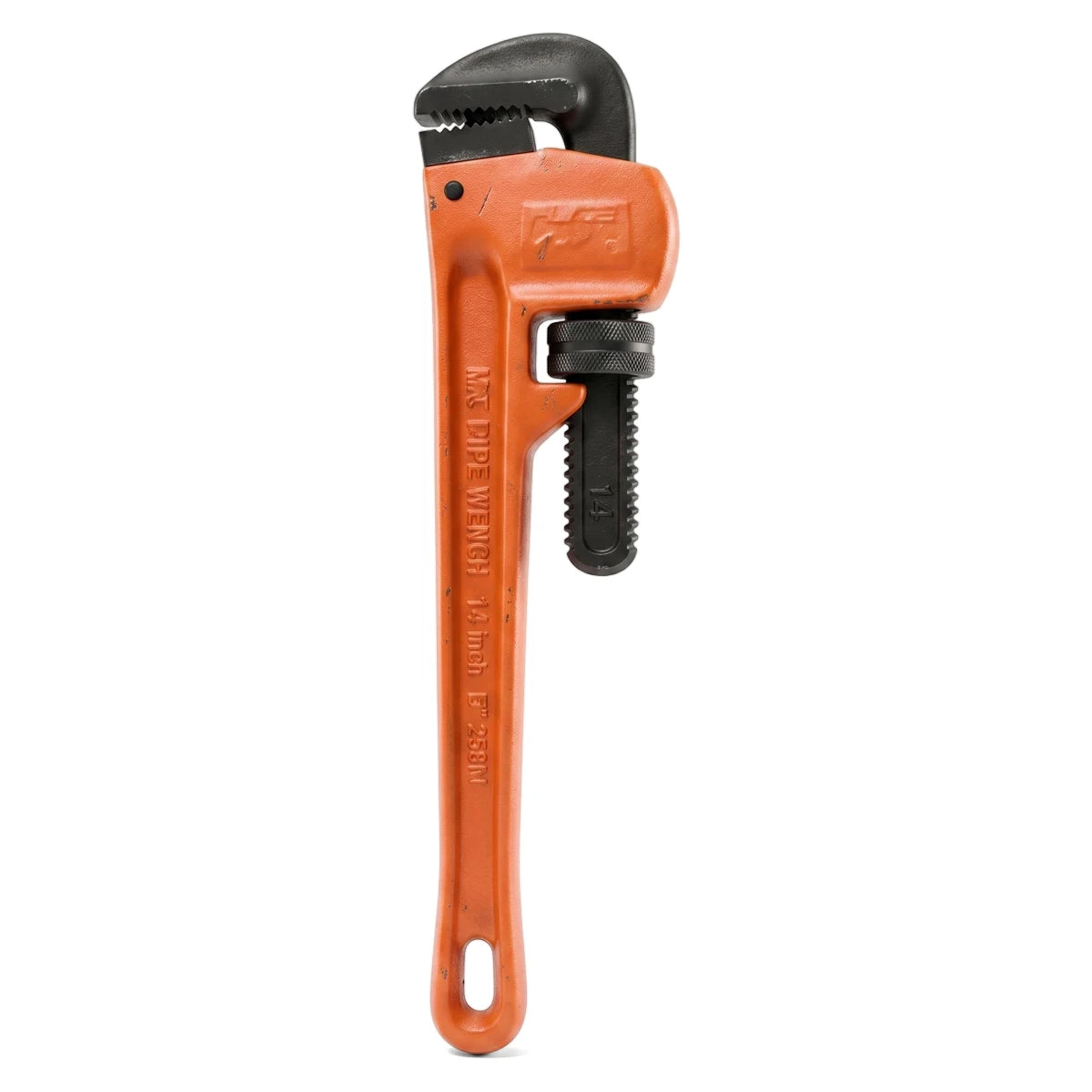 Orange 12-inch pipe wrench with black adjustable jaw for plumbing and industrial use, viewed vertically on a white