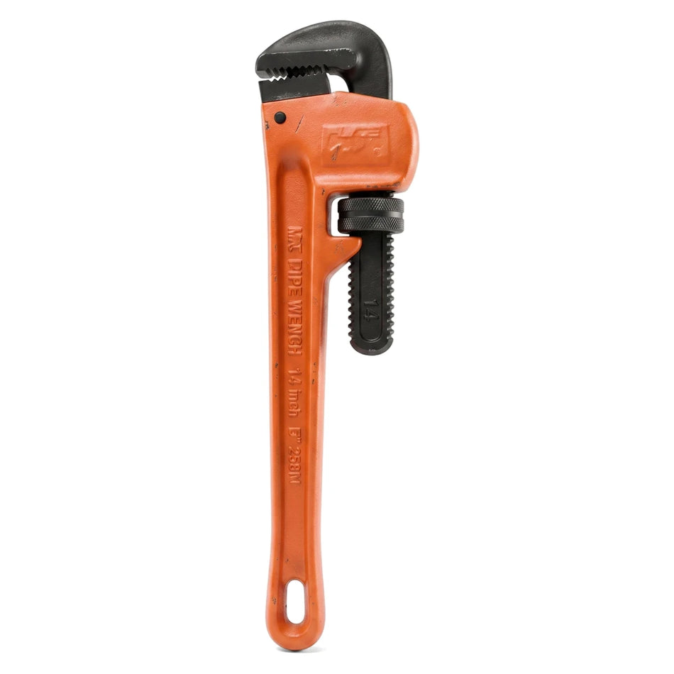 Orange 12-inch pipe wrench with black adjustable jaw for plumbing and industrial use, viewed vertically on a white