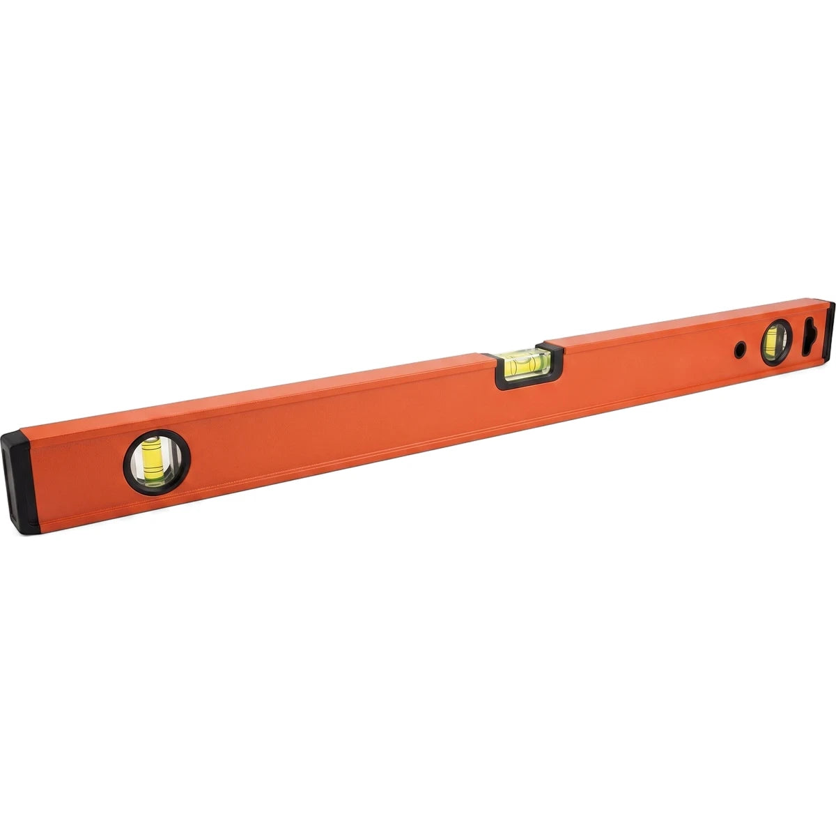 Bright orange 150cm aluminium spirit level with three clear vials for accurate measurements, positioned on a white