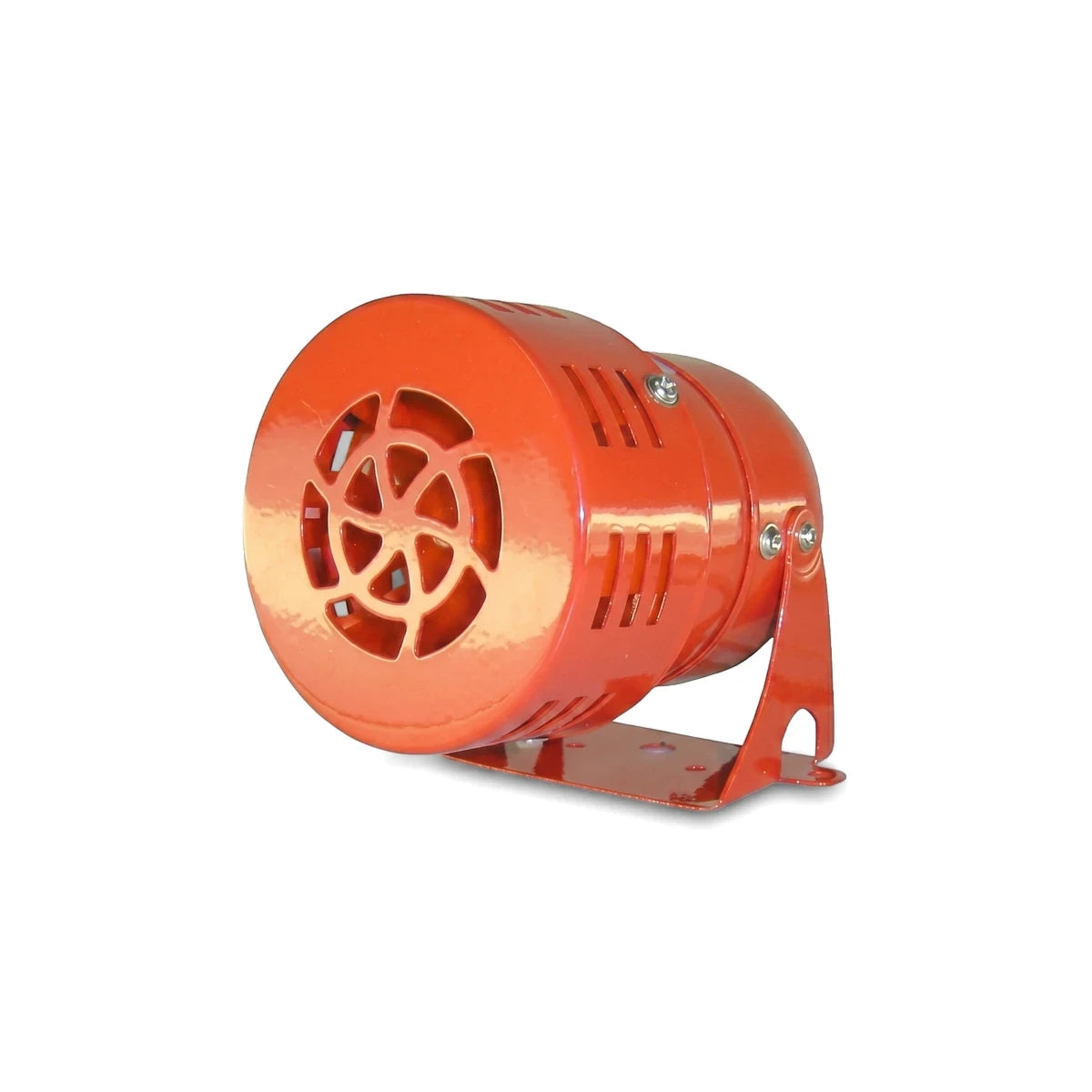 An orange 230Vac 250M Mini Motor Siren, made of metal, stands angled on a white background, ready for installation as a